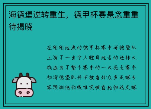 海德堡逆转重生，德甲杯赛悬念重重待揭晓